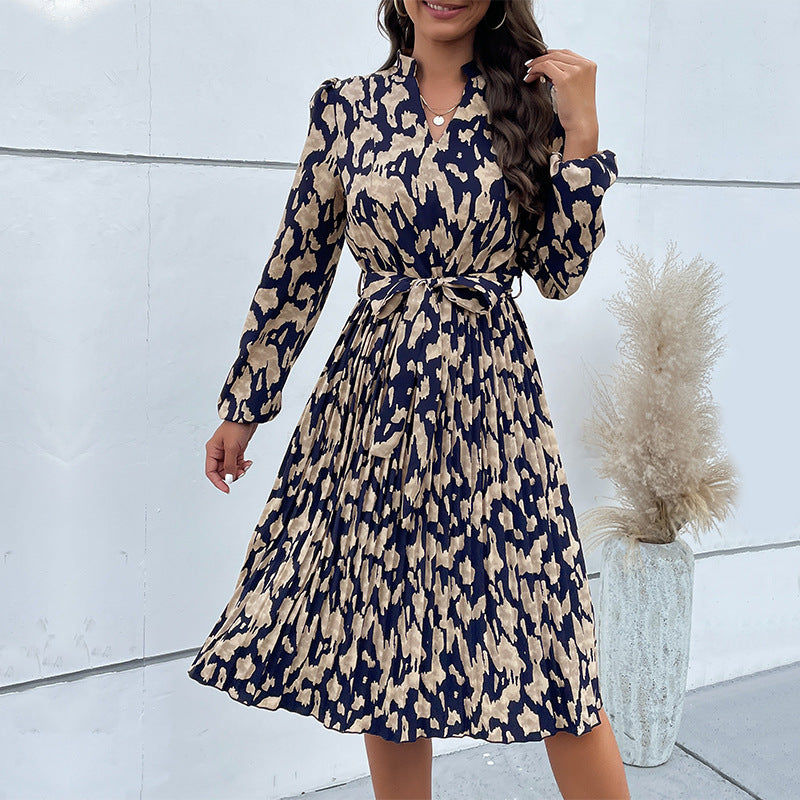 Fashion Women's Autumn New Wrinkles Printed Long-Sleeved Dress