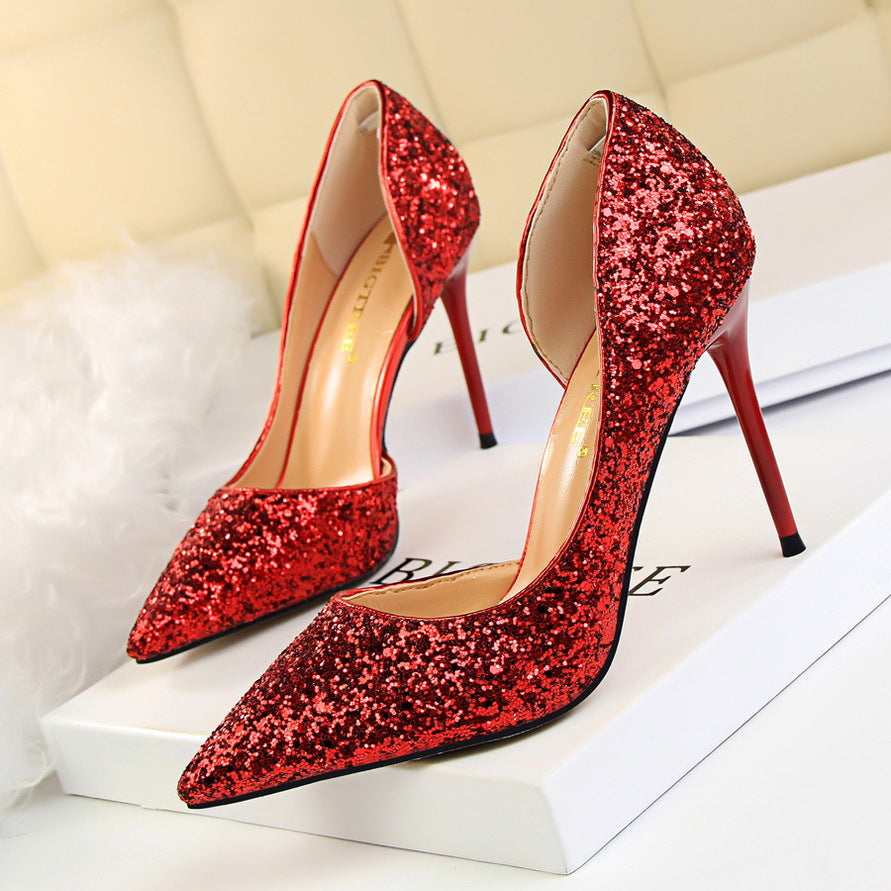 Sexy Nightclub Slim Women's Shoes With Slim Heels, High Heels, Shallow Mouth, Pointed Side Hollowed Sequins