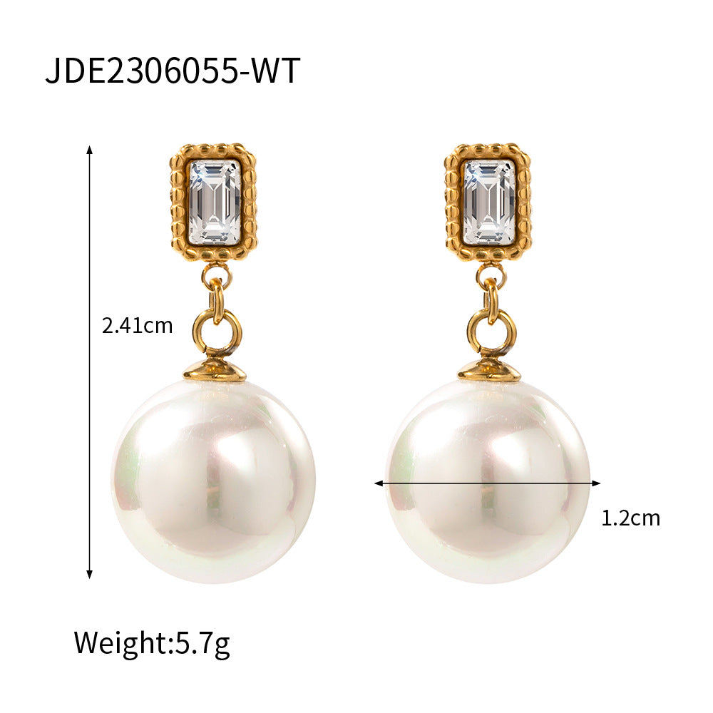 5pcs Stainless Steel Pearl Earrings Inset Zircon Fashion Women's Large Pearl Pendant 16K Gold Earrings Jewelry Trend