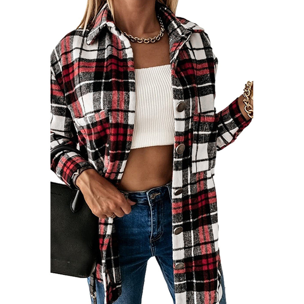 Casual Mid-Length Plaid Jacket Women's Loose Cardigan Lapel Shirt