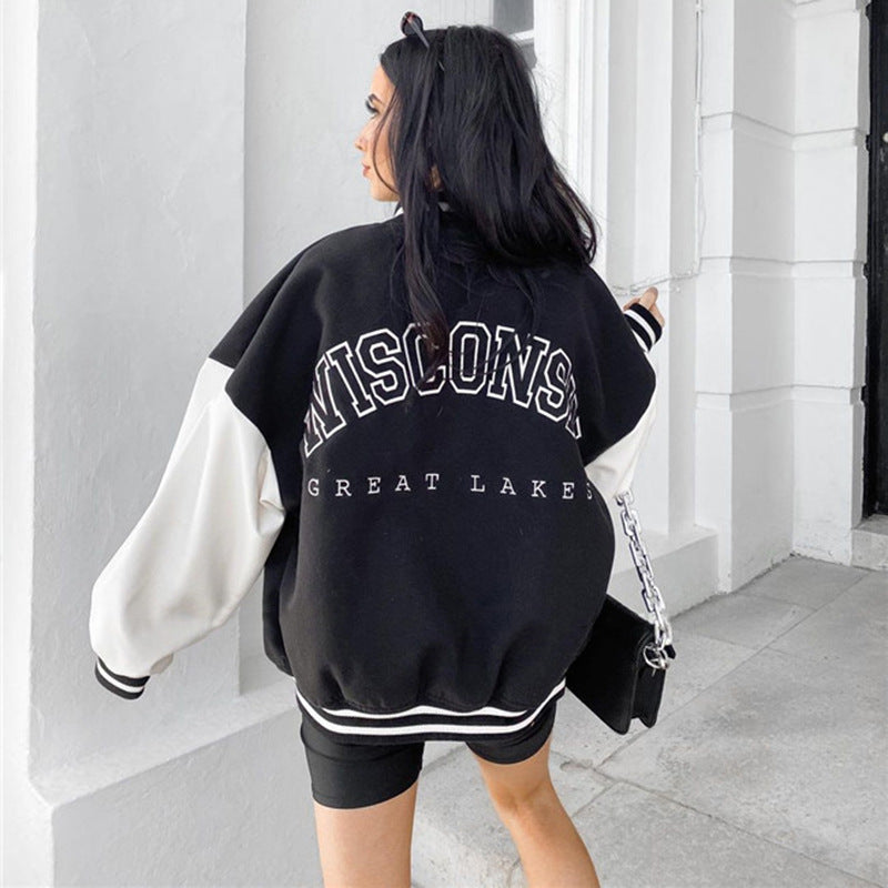 Splicing Color Contrast Loose Off Shoulder Baseball Jacket Female Women's Autumn Sports Casual Coat