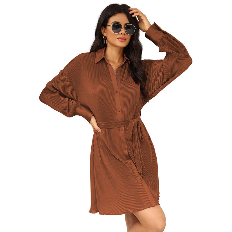 Autumn New Solid Color Long-Sleeved Dress Female Commuter Style Lace-Up Slim-Fit Knee-Length Skirt Female