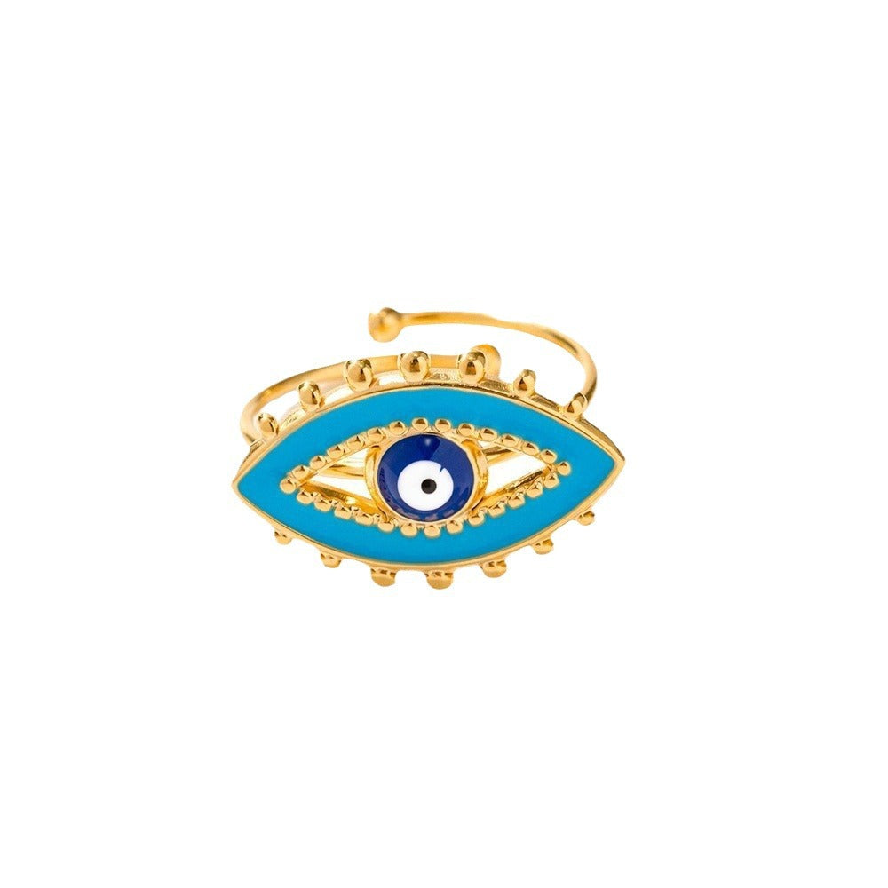 5pcs 18K Gold Plated Stainless Steel Blue Drip Devil's Eye Ring Women's Fashion All-In-One Timeless Ring