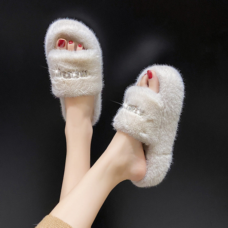 Thick Bottom Increase Fluffy Slippers Women's Shoes To Wear New Autumn And Winter Fashion Sponge Plush Cotton Slippers