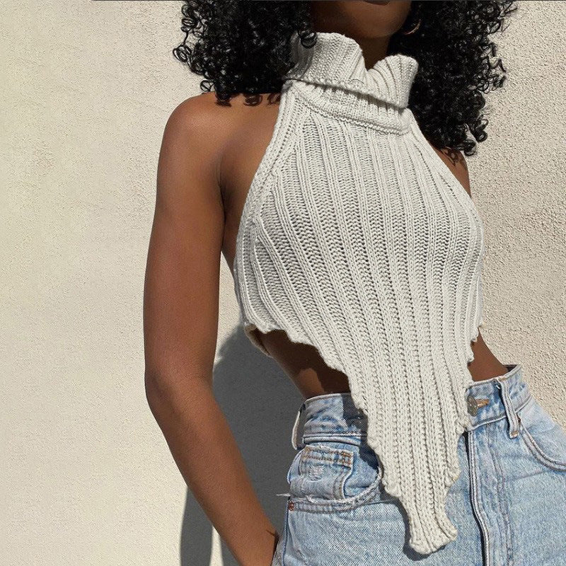 Sexy Backless Turtleneck Irregular Knit Vest Summer Slim-Fit Sweater