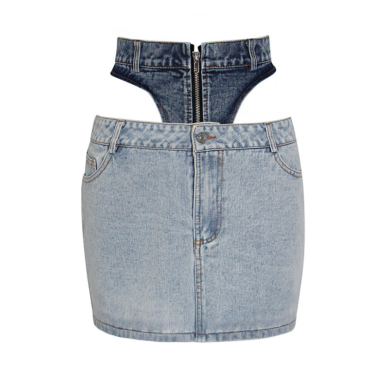 Spring New Denim Skirt Female Fashion Temperament Street Style Splicing Against Color Waist Sexy Package Hip Skirt