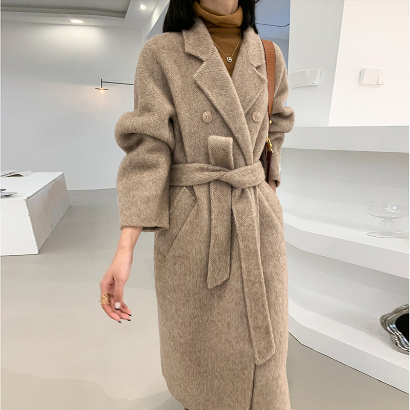 Autumn-Winter Women's European Version M Baby Camel Wool Albaka Herringbone Loose Size Double-Sided Wool Coat