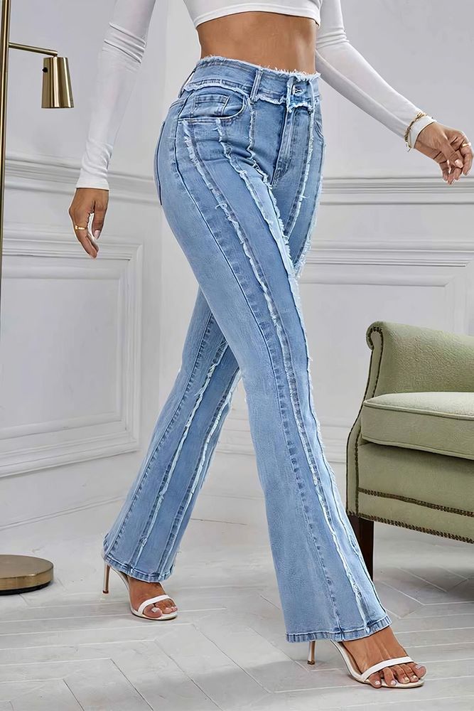 Frayed Detail Mid Waist Flare Jeans