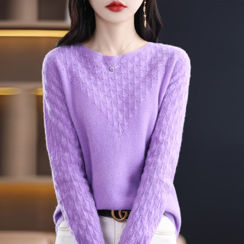 Early Spring New 100 Woolen Sweater Women's Round Neck Sweater Hollowed Out All-Over Cashmere Sweater Base