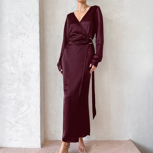 Burgundy Thin Soft Matte Color T-Neck Wrap Dress New Autumn Fashion Dress