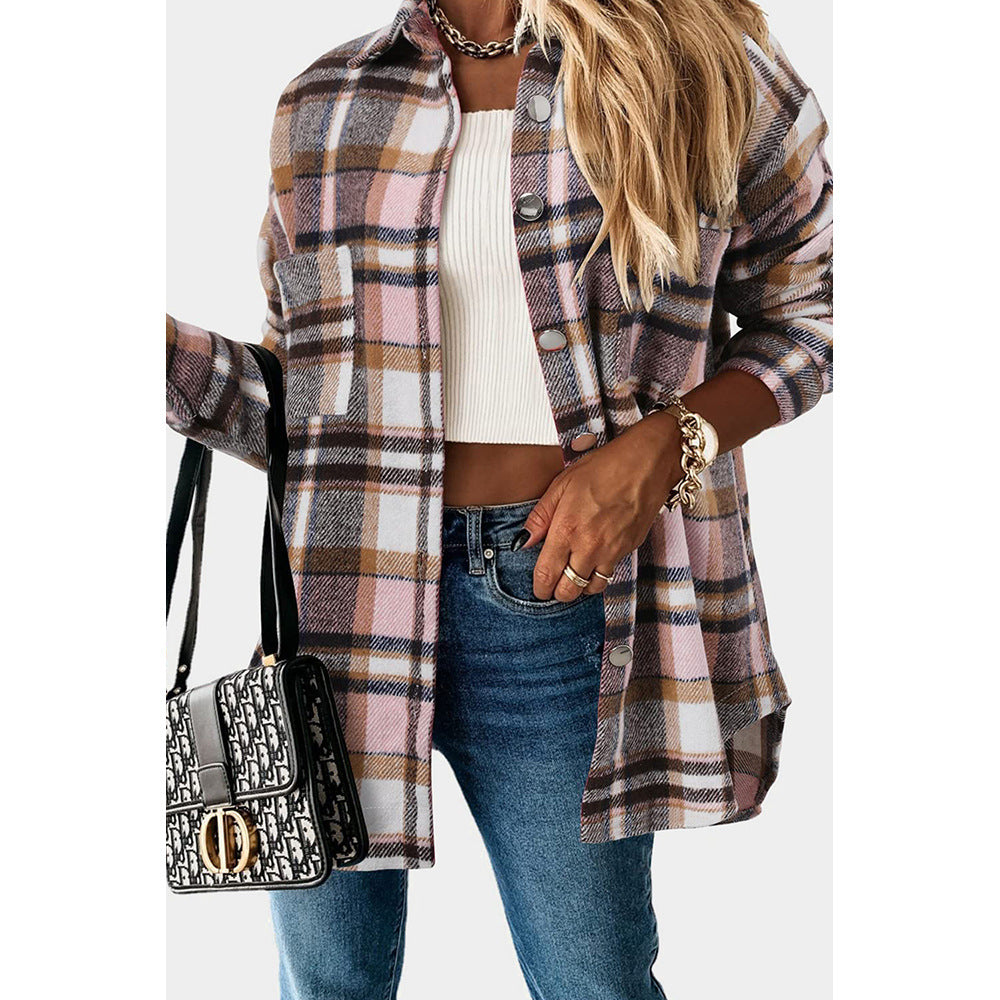 Casual Mid-Length Plaid Jacket Women's Loose Cardigan Lapel Shirt