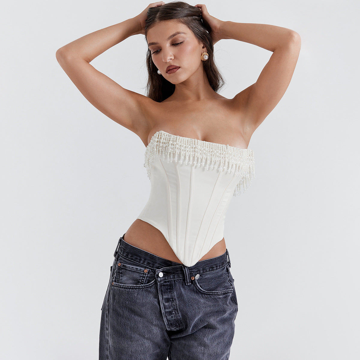 New Hottie Wears A Women's Pearl Tank Top And Fishbone Corset With Irregular Crop Top