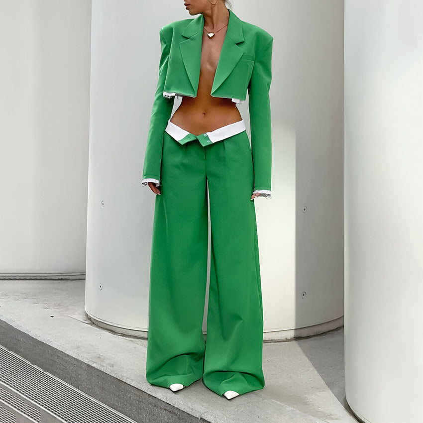 Fashion Long-Sleeved Short Top Broadfoot Trousers Two-Piece Autumn Suit Collar Shoulder Pad Color Pants Suit For Women