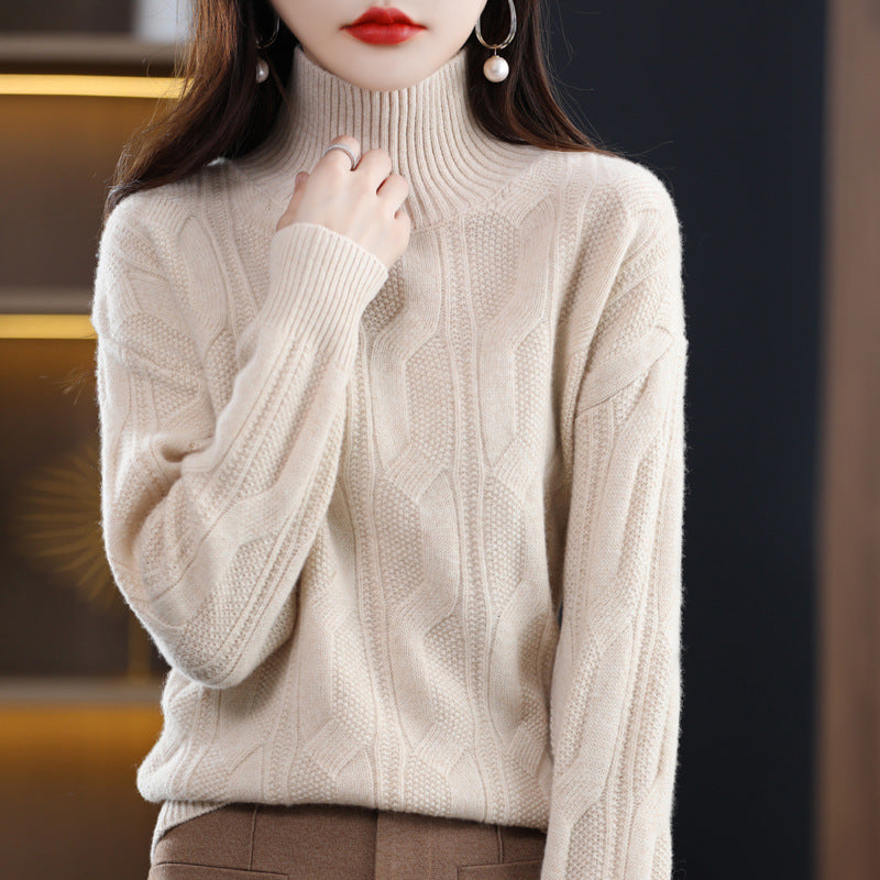 Autumn/Winter New 100 Woolen Sweater Women's Turtleneck 7 Needle-Hemp Jacquard Woolen Base Loose All-Match Sweater Top