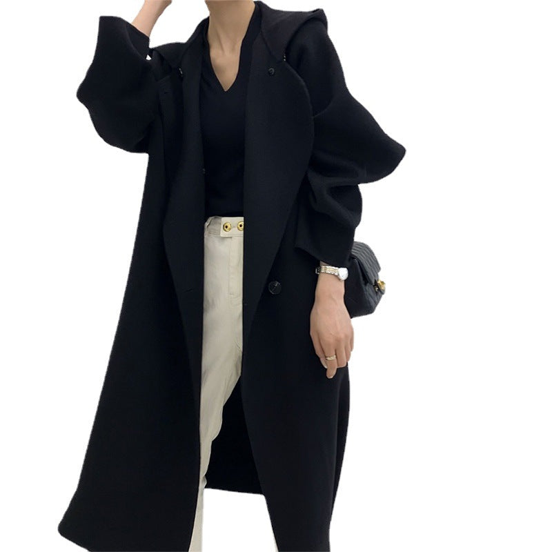 Hooded Long Autumn And Winter New Loose And Lazy Woolen Coat Double-Sided Wool Coat Woman