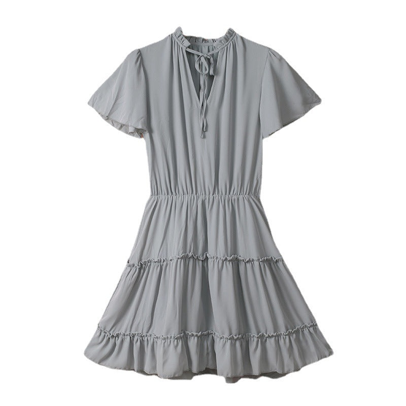 Shiying Solid Color Dress Women's Summer New Ruffled V-Neck Short-Sleeved Knee-Length Skirt