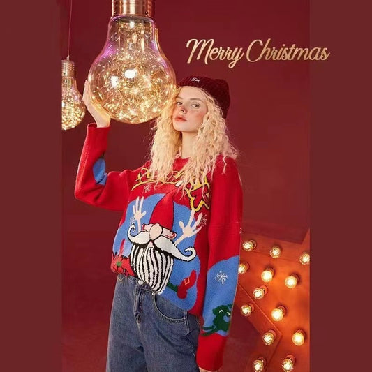 New Autumn Winter Thick Red Women's Sweater Plus-Size Santa Claus Top Retro Wear Knitwear Trend