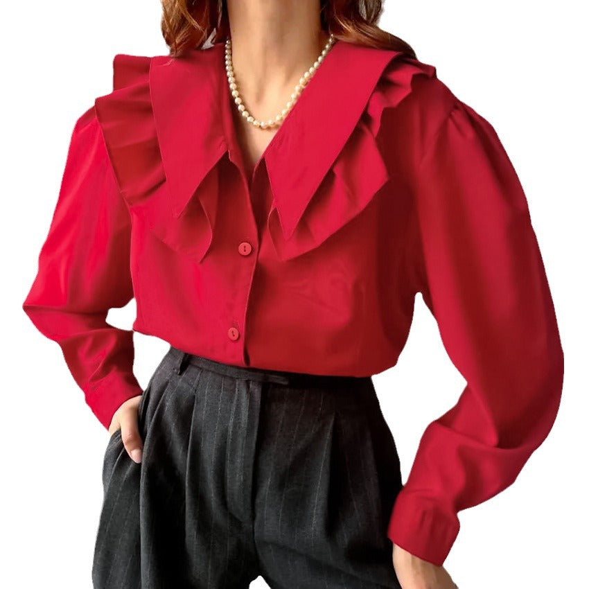 Vintage Fashion Classic Lapel Long Sleeve Cardigan Shirt Women's Casual Cotton Shirt Red