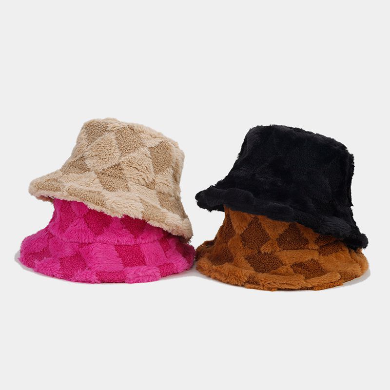 Diamond Check Fuzzy Fisherman Hat Ladies Simple Warm Sun Hat Tide