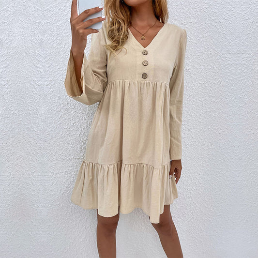 Cotton And Linen Women Loose Long-Sleeved Apricot Dress