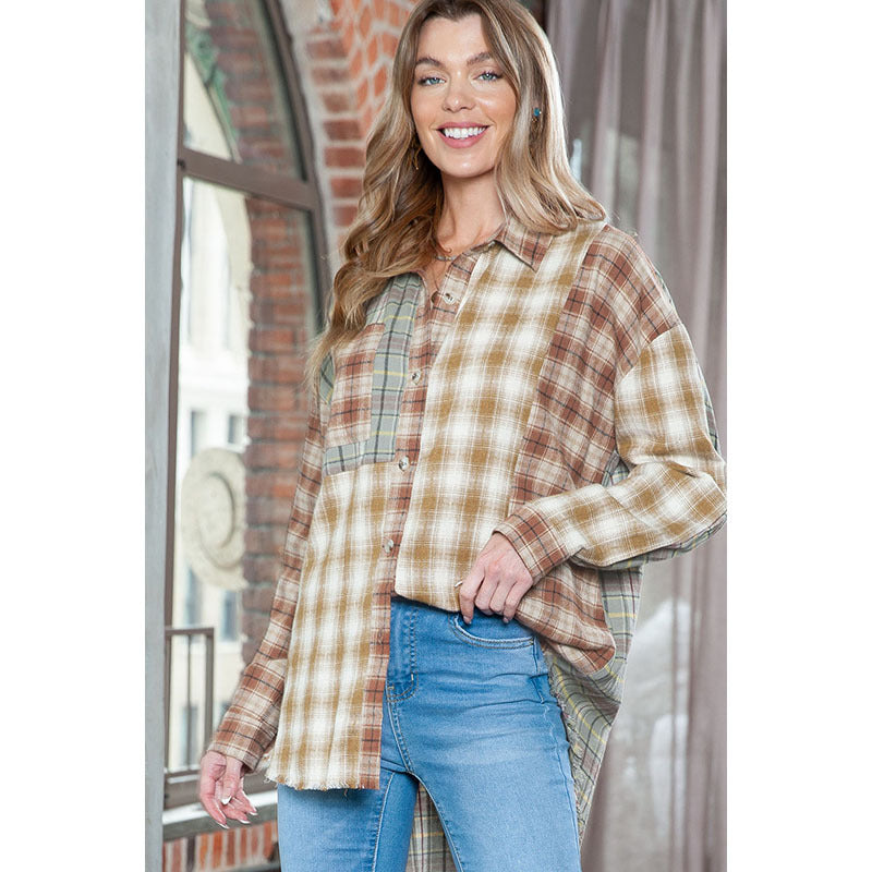 Casual Loose Plaid Printed Shirt Women Fall New Color Contrast Lapel Long-Sleeved Blouse Women