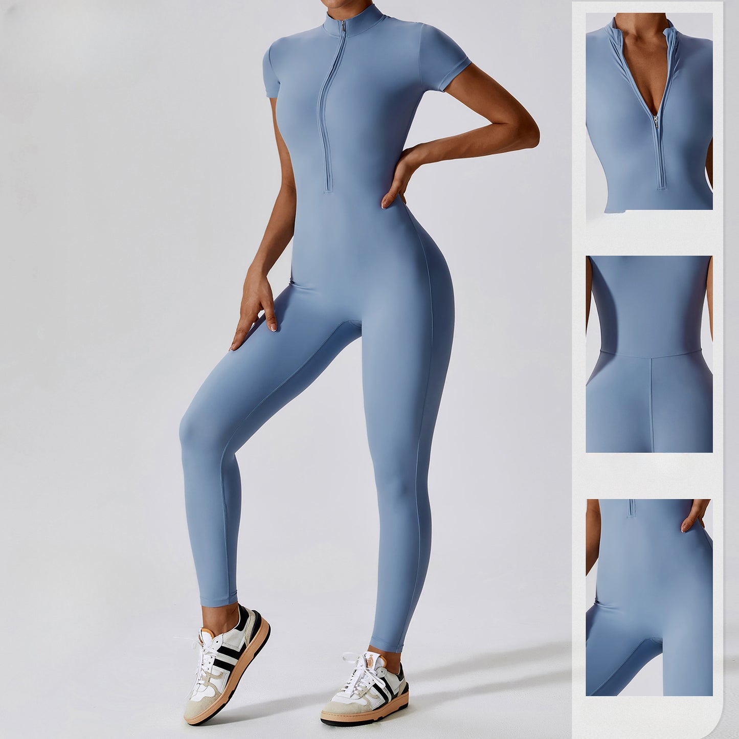 Zipper Short-Sleeved Nude Yoga Jumpsuit Female Bodybuilding Sports Bodysuit