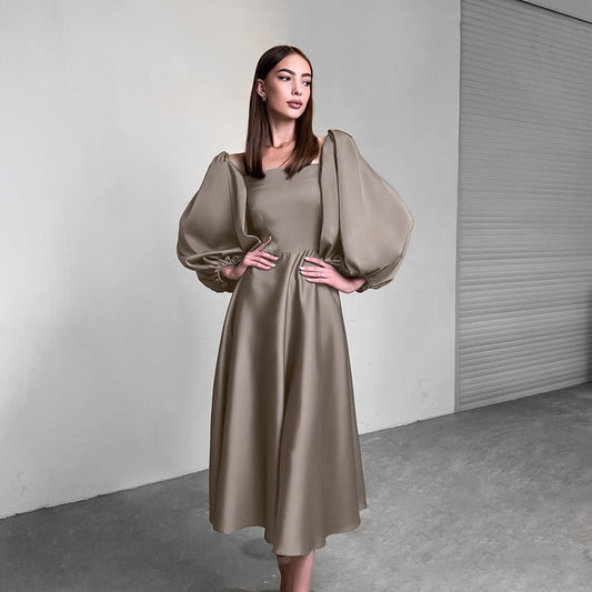 Spring Sexy Temperament Sense Party Evening Dress Fashion Color Satin Satin Square Neck Puffy Sleeve Dress