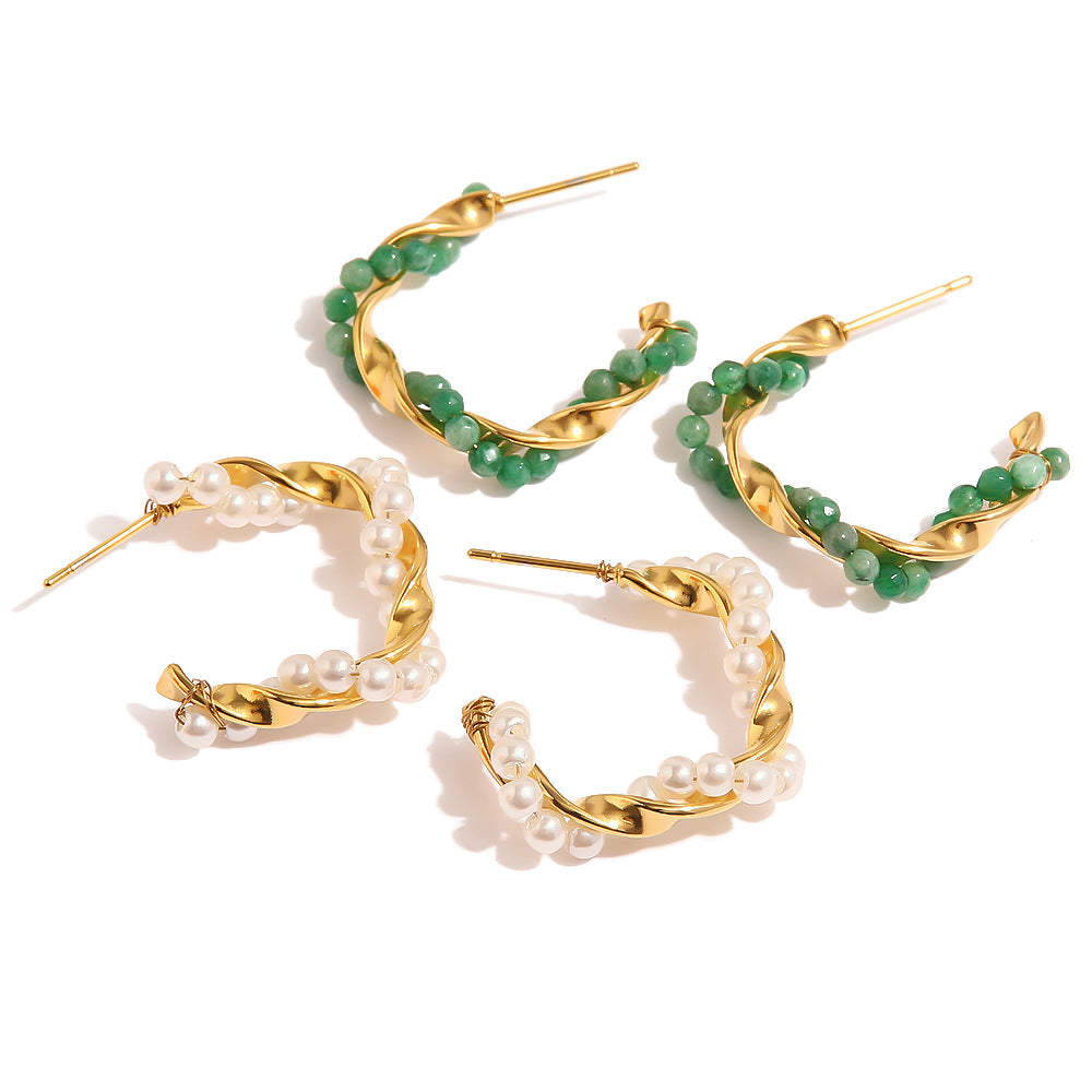 5pcs Style New 18K Gold Plated Vintage Set With Green Natural Stone Geometric Stainless Steel Earrings Earrings