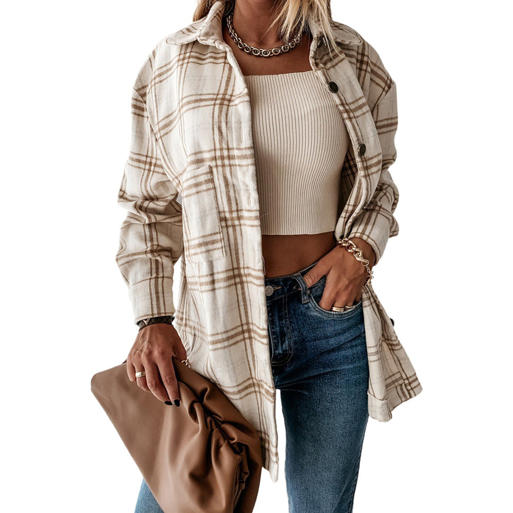 Casual Mid-Length Plaid Jacket Women's Loose Cardigan Lapel Shirt