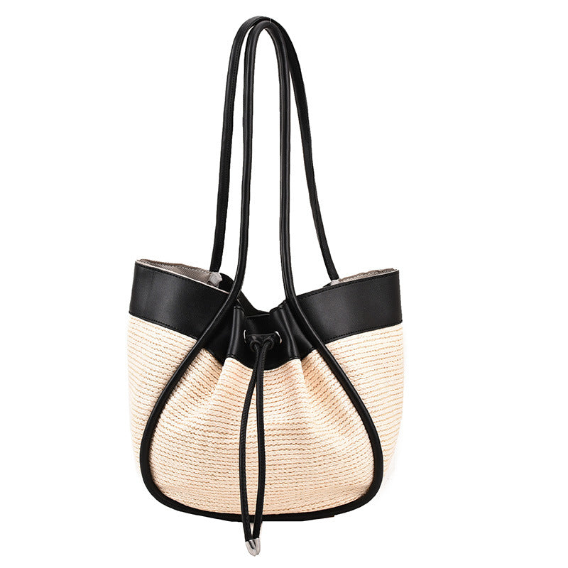 Early Spring New Shoulder Bag Straw Stitching Fashion Simple Bucket Bag Large Capacity Commuter Underarm Bags