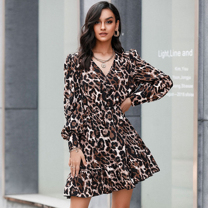 Vintage Women's Autumn And Winter Print Leopard Print Slim Long-Sleeved Dress