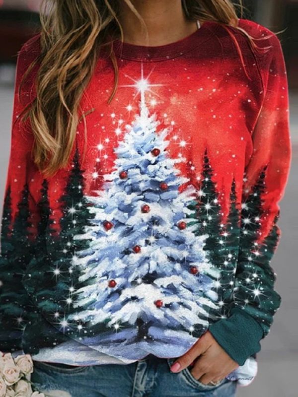 Autumn And Winter Christmas Print Round Neck Pullover Long Sleeve Fleece Hoodie Woman