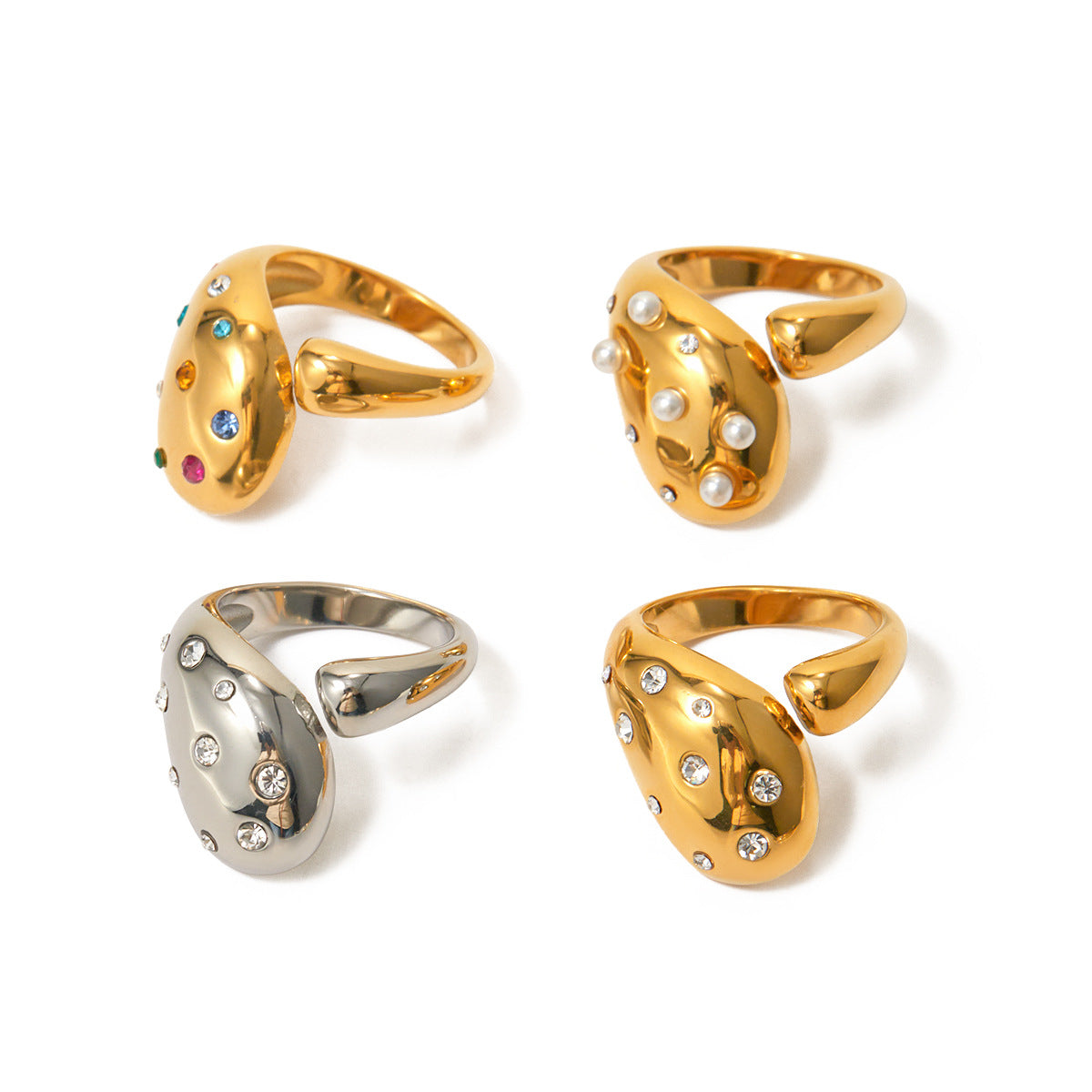 5pcs 18K Gold Stainless Steel Inlaid With Colored Diamond-Shaped Open Ring Jewelry