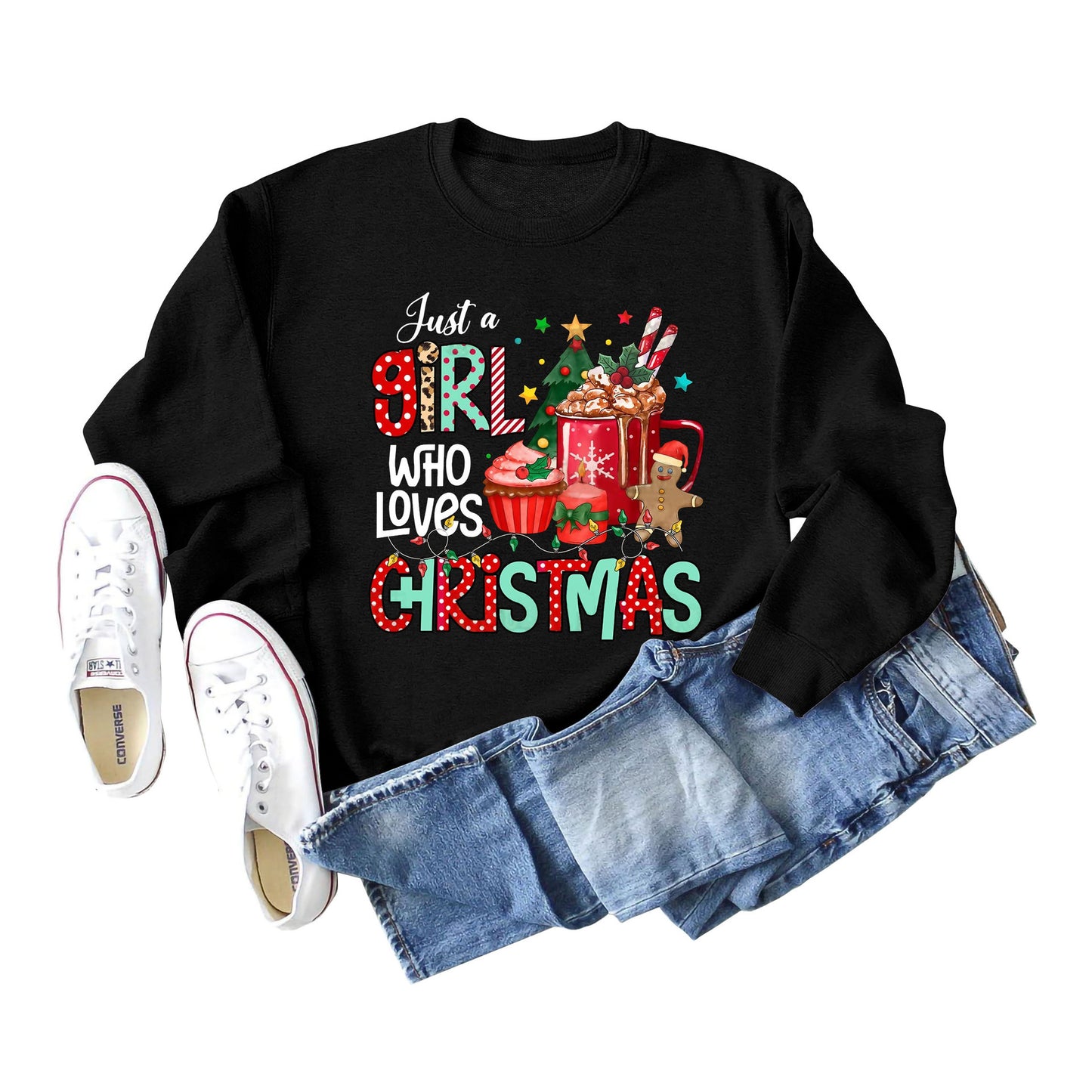 Just A Girl Who Letters Christmas Bottom Crewneck Long-Sleeved Hoodie