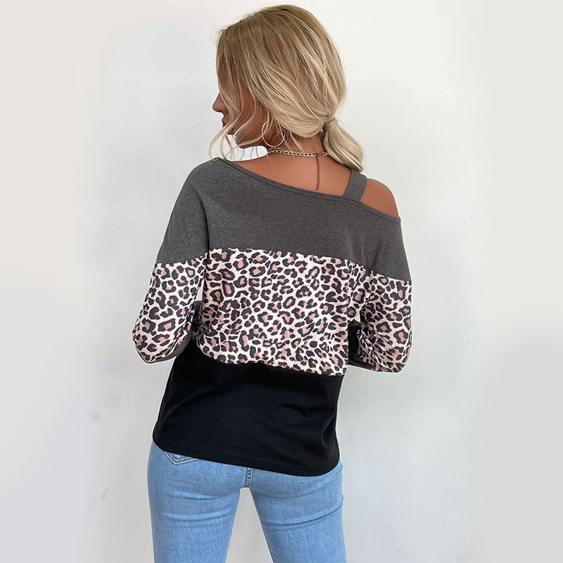 Autumn and Winter New Leopard Print Splicing Top:  Line Collar, Hollowed Out Shoulders, and Casual Elegance