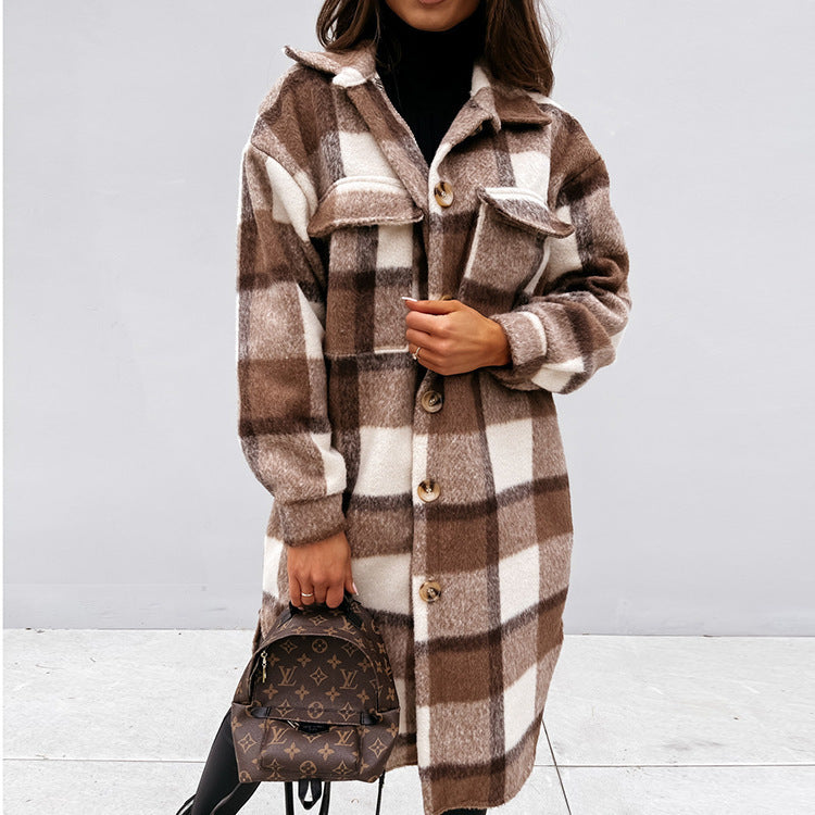 Autumn And Winter Long-Sleeved Checkered Trench Coat Wool Lapel Shirt Coat