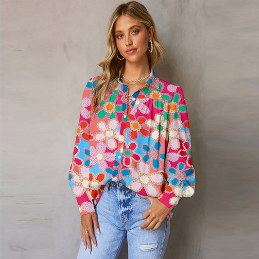 Autumn New Multi-Color Bubble Sleeve Shirt Women Thin Loose Flower Print Long Sleeve Blouse Women