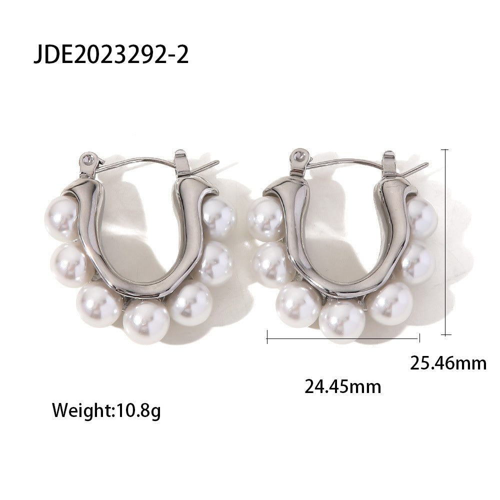 5pcs Titanium Steel Earrings 18K Gold/Steel Color Stainless Steel Set With White Pearl Earrings Jewelry