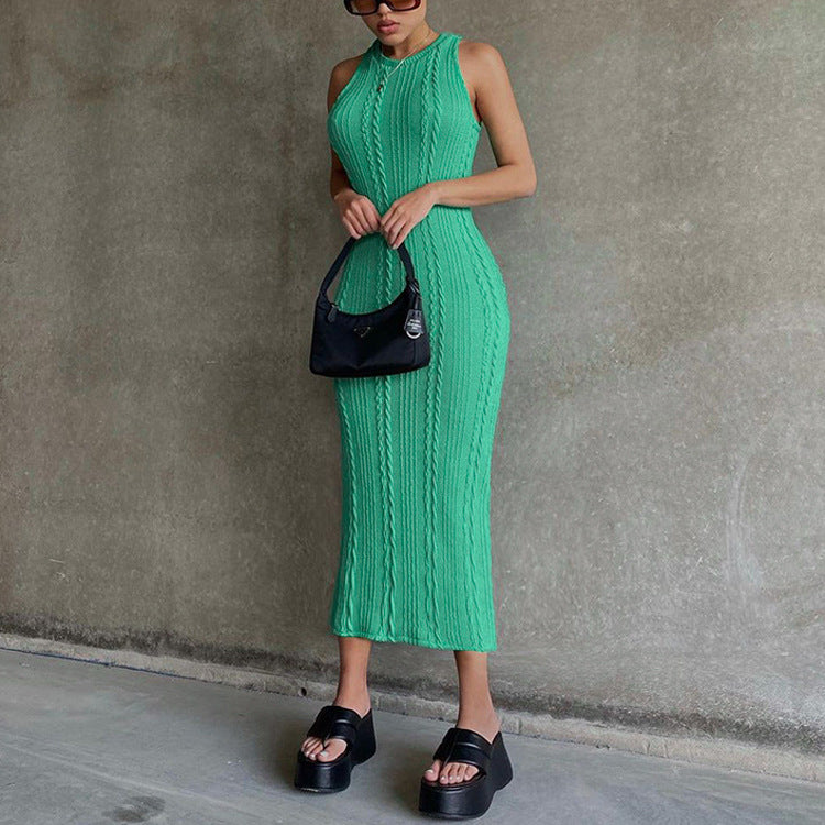 Style Bag Hip High Waist Slim Solid Color Plus Size One-Step Skirt Knitted Sleeveless Pullover Round Neck Dress