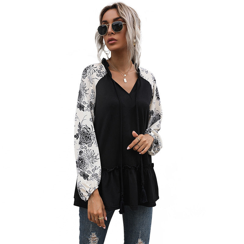 Style Casual Jacket Medium Long Loose Long-Sleeved V-Neck Black T-Shirt