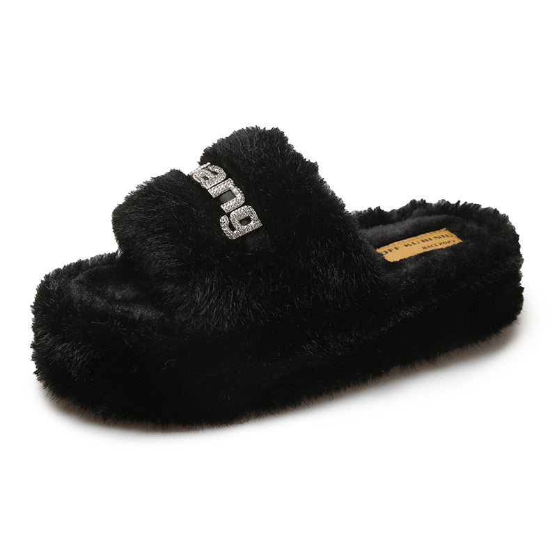 Thick Bottom Increase Fluffy Slippers Women's Shoes To Wear New Autumn And Winter Fashion Sponge Plush Cotton Slippers