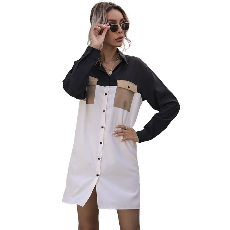 Women's Clothing Slim-Fit Patchwork Color Long Sleeve Lapel Long Shirt