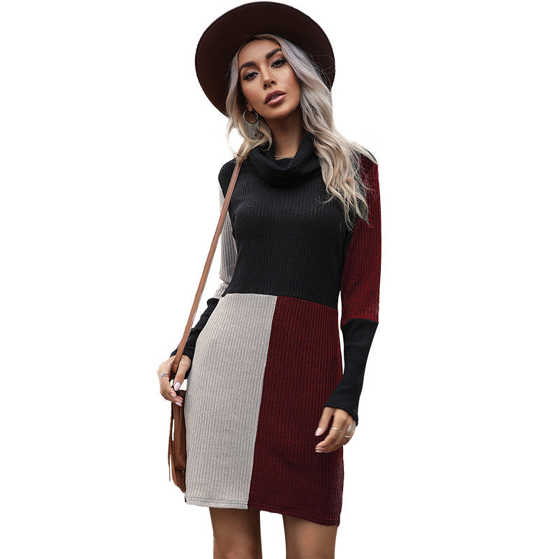 Autumn New Short Long Sleeve High Neck Knitted Splicing Sweater Dress Woman