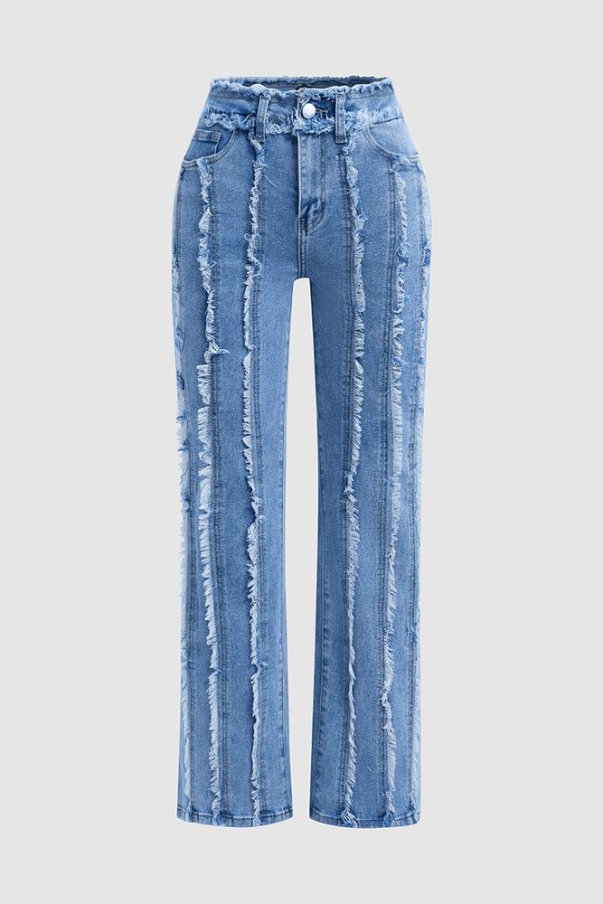 Frayed Detail Mid Waist Flare Jeans