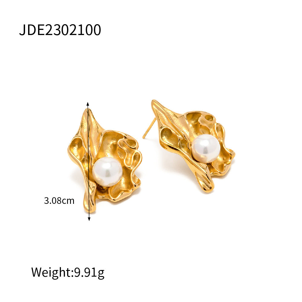 5pcs 18K Gold-Plated Stainless Steel Pleated Lava Flower Earrings Temperament Stylish Earrings