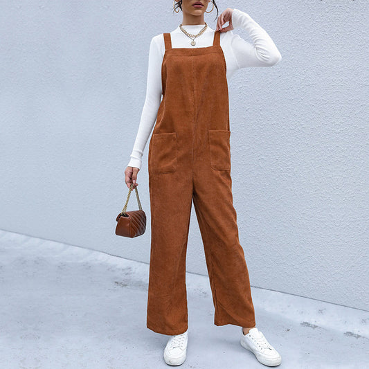 Autumn New  Women's Fashion Brown Loose Corduroy Suspenders