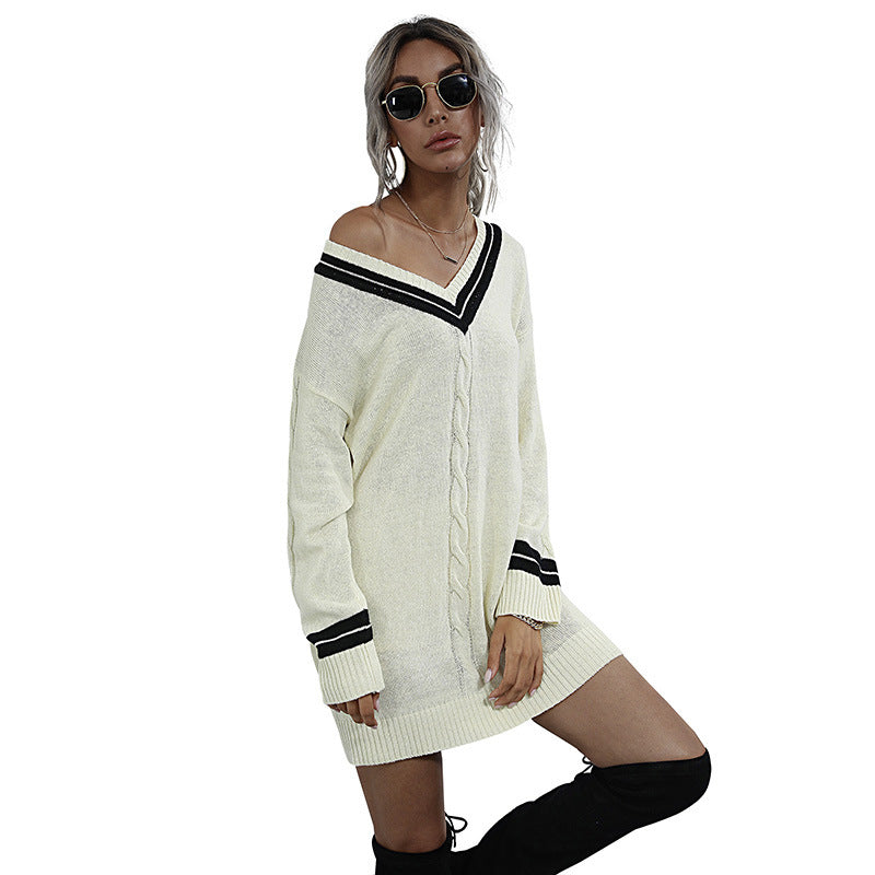 V-Neck Long Knit Sweater Dress for Women with Stylish Splicing