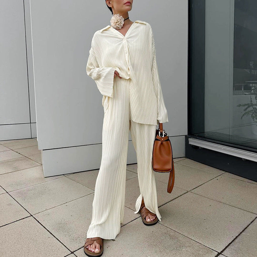 Fashion Casual Commuter Suit Autumn Sexy Lapel Loose Long-Sleeved Shirt Mid-Waist Slit Trousers Two-Piece Set Women