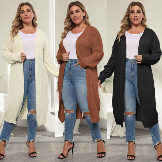 Women's Coat Simple Fashion Large Size Women's Woven Unbuttoned Mid-Long Sweater Cardigan