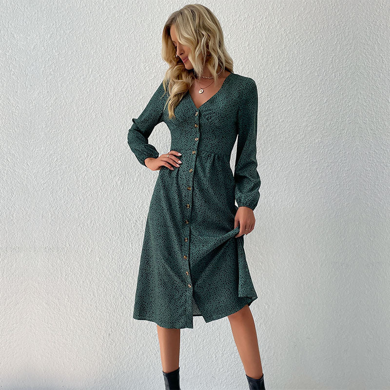 Fashion Women's Temperament V-Neck Single-Breasted Long-Sleeved Dress Autumn